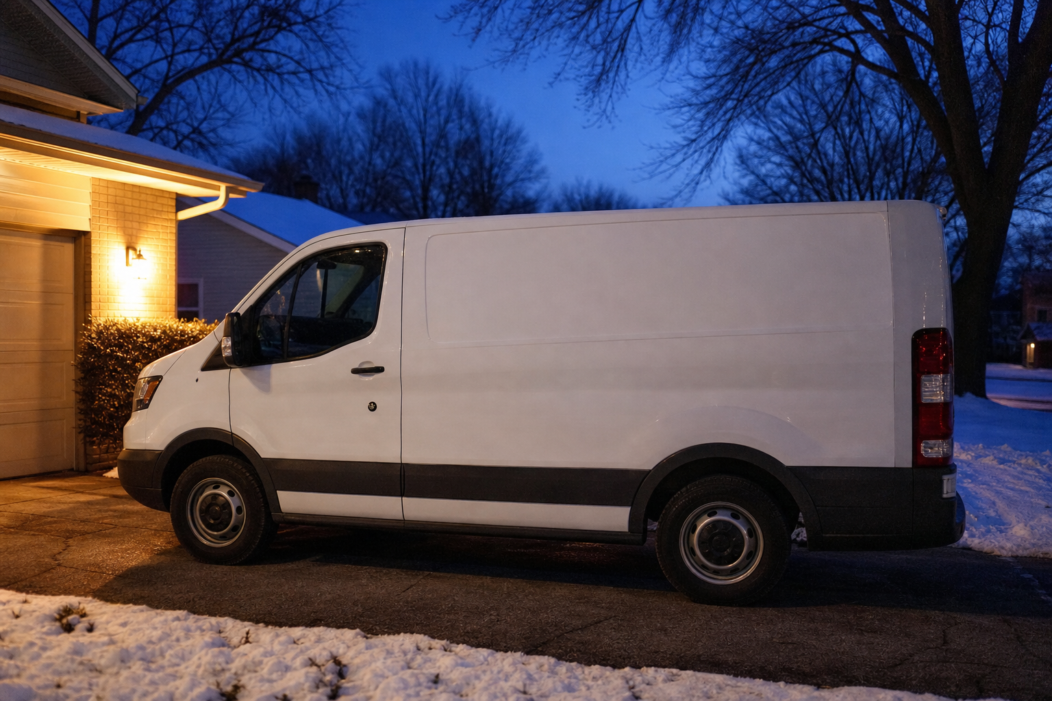 Service van in a residential driveway on a cold winter evening