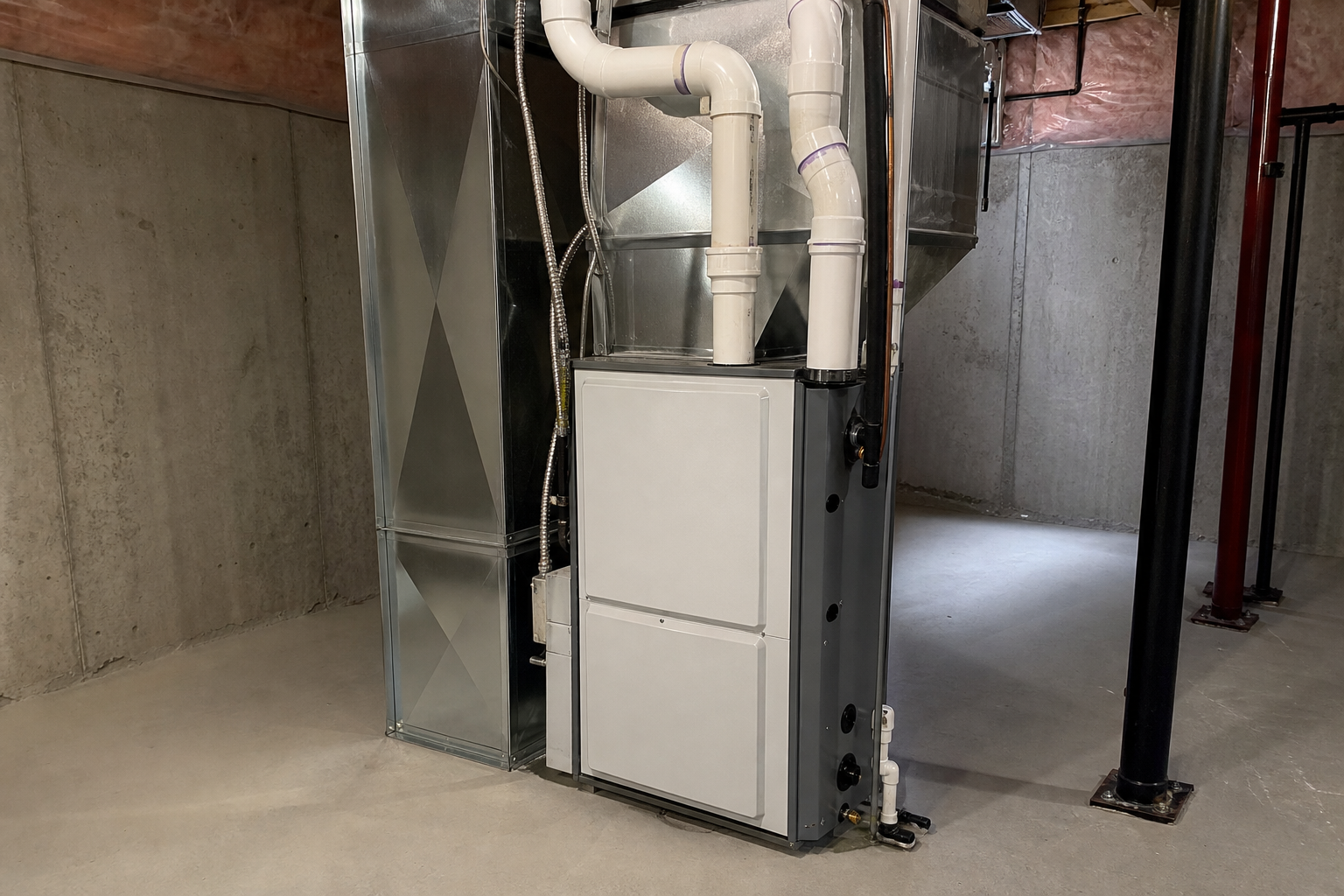 Newly installed high-efficiency furnace/radiant boiler in a Burnaby residential basement