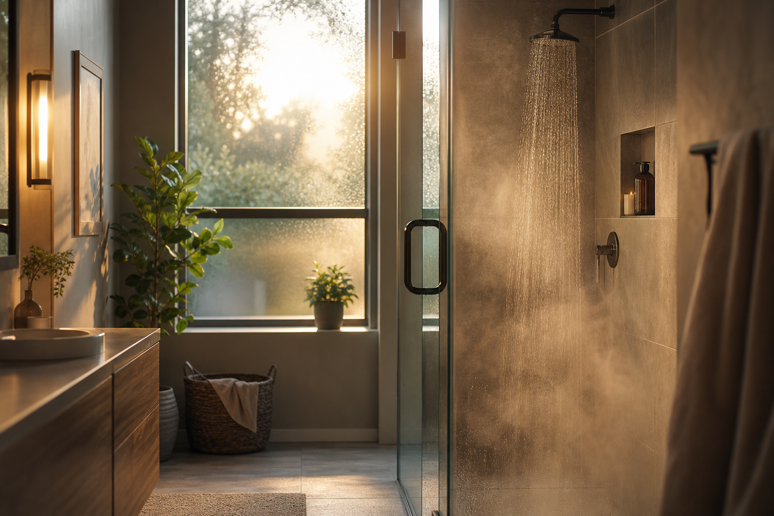 Steamy shower in a home bathroom