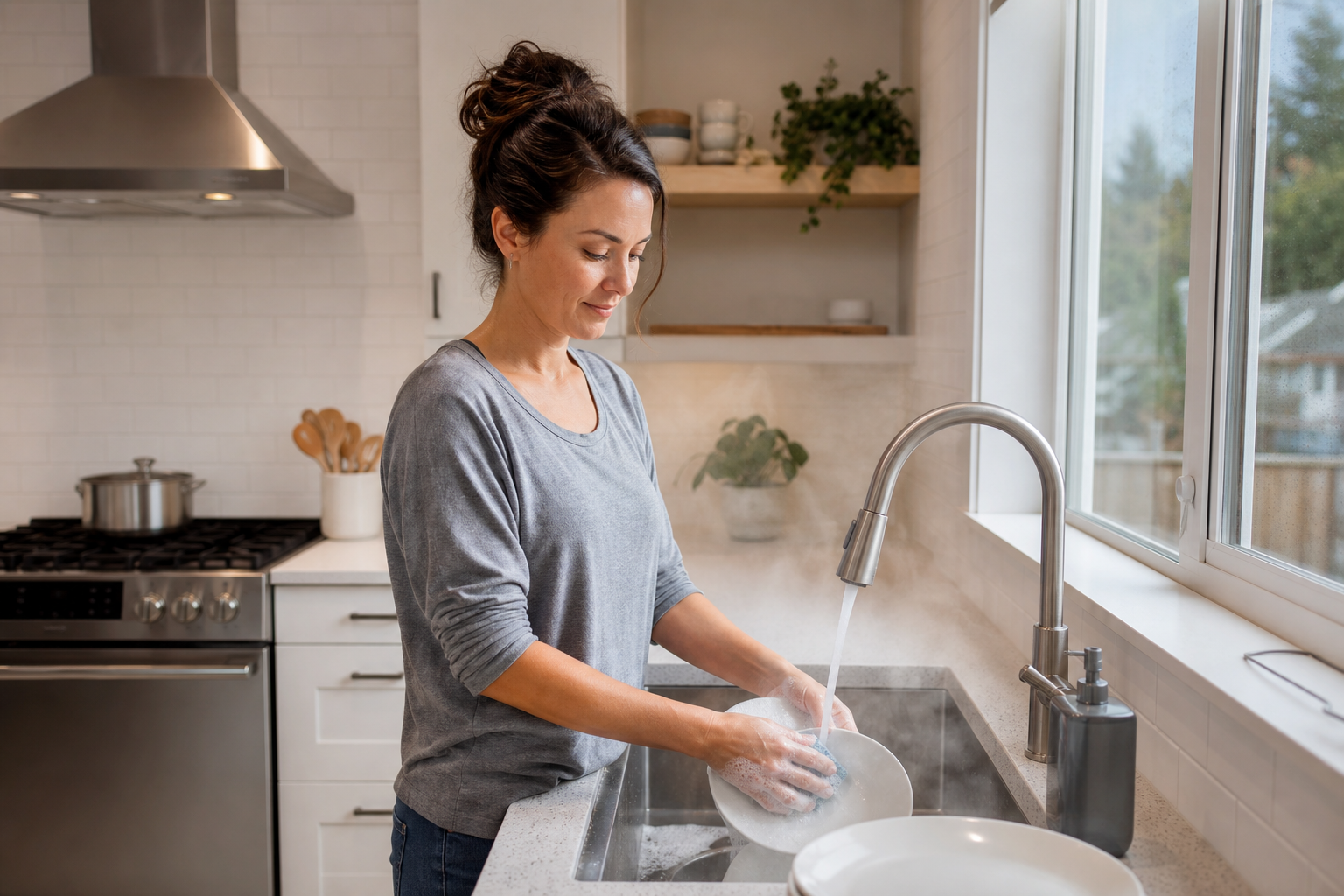 Person washing dishes at a kitchen sink with hot running water