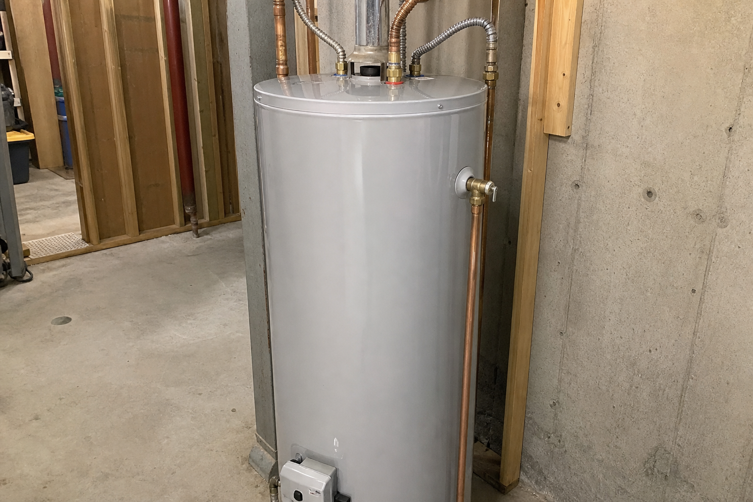 New hot water tank after replacement in a Vancouver utility room