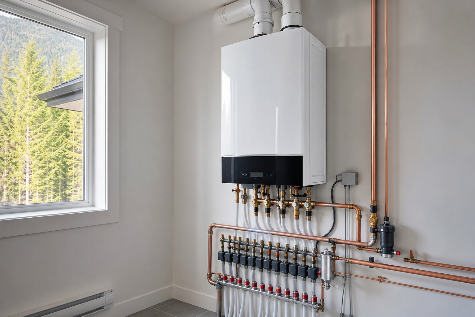 Newly installed wall-mounted residential boiler with a radiant zone manifold in a Metro Vancouver utility room