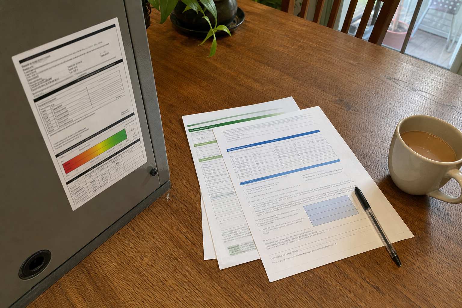 Furnace/radiant boiler efficiency rating label and rebate paperwork on a kitchen table