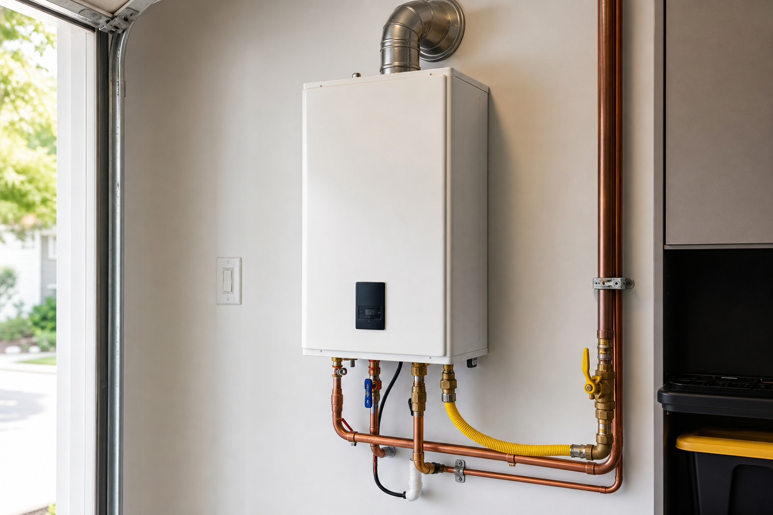 Wall-mounted Navien on-demand hot water system